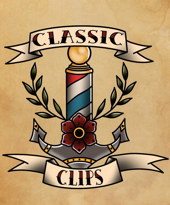Het embleem van Classic Clips: een barberpaal met lauwertakken, een anker en een rode bloem tussen twee linten met CLASSIC en CLIPS